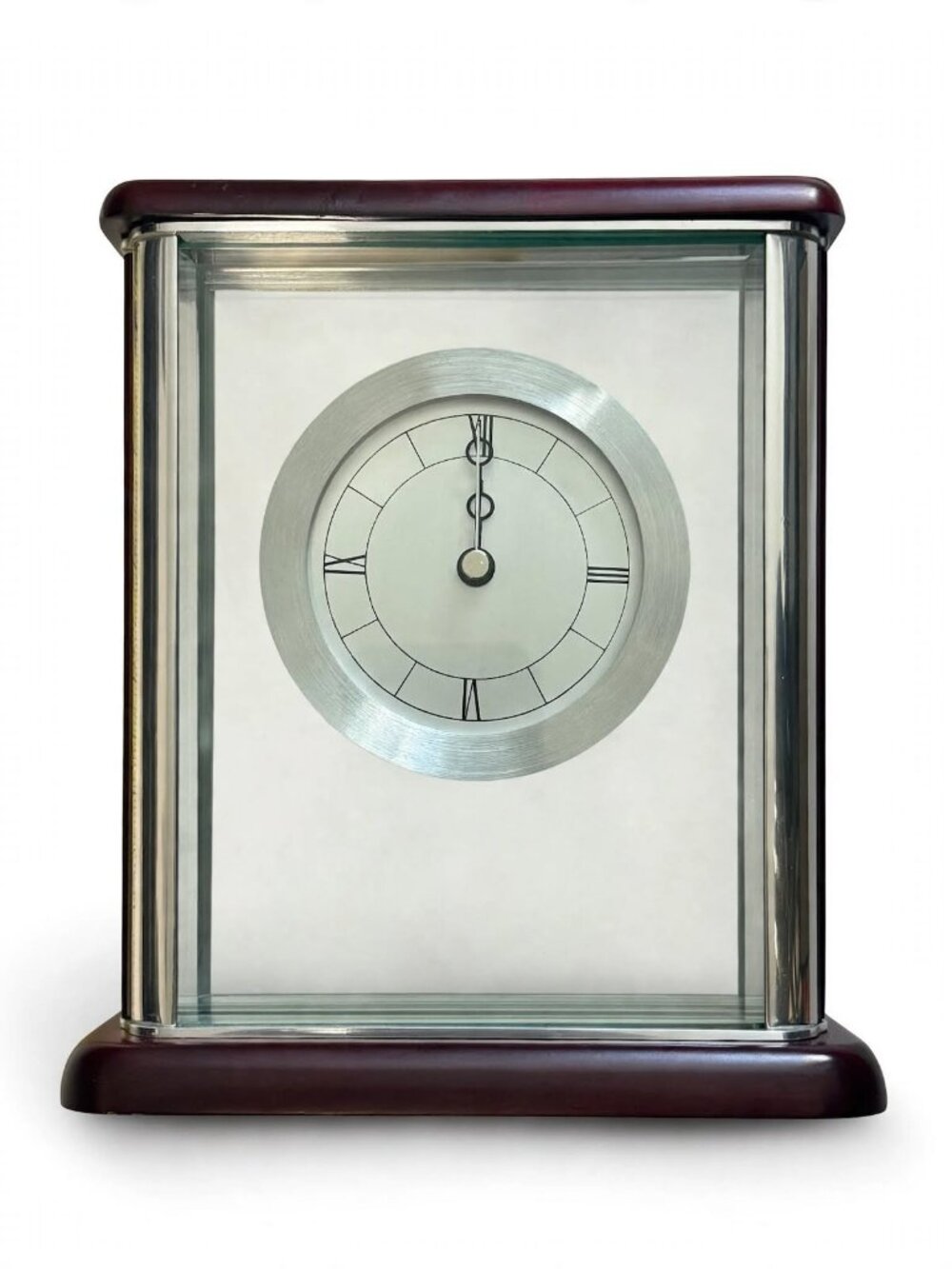 Carriage Clock Mantel Desk Clock - Burgundy Wood & Silver Chrome 6.5" Tall
